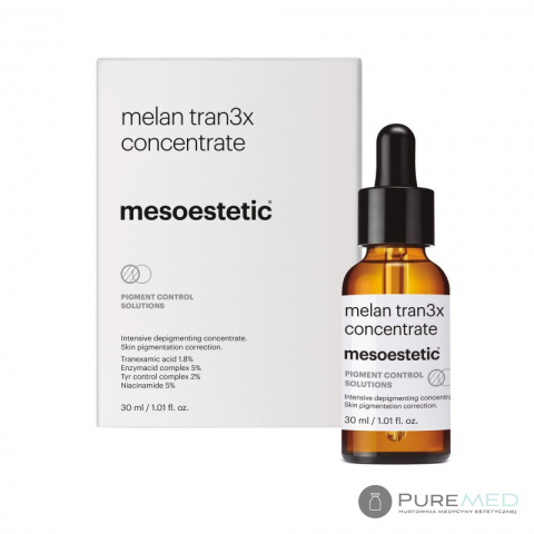 Mesoestetic Melan Tran3x 30ml koncentrat depigmentujący, koncentrat regenerujący, rozjaśniający, nawilżający